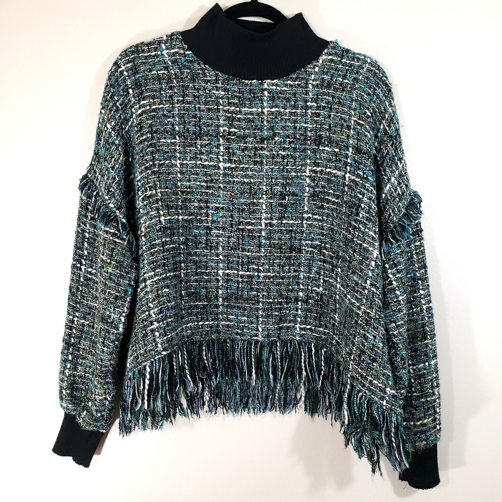 Zara Multicolor Tweed Fringe Turtleneck Sweater